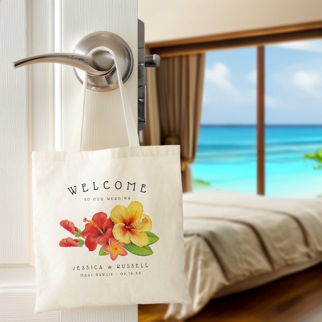 Hibiskus Tropisk Blommig Välkomst Bröllop Tygkasse (Hibiscus Tropical Floral Welcome Wedding Tote Bag)