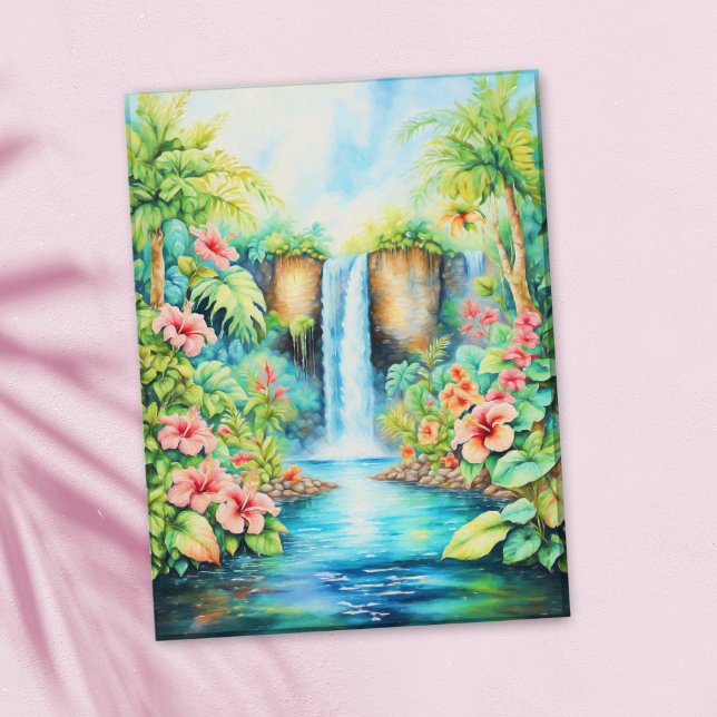 Hibiskus vattenfall i tropisk trädgård oljemålning vykort (Send peace and serenity with this tranquil tropical hibiscus waterfall postcard.)