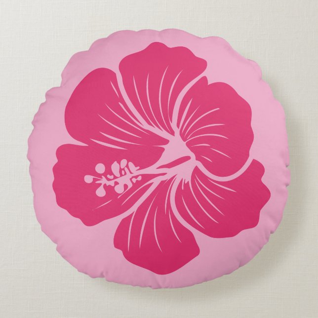Hibiskusblomma Hot Pink Konturteckning Rund Kudde (Framsidan)