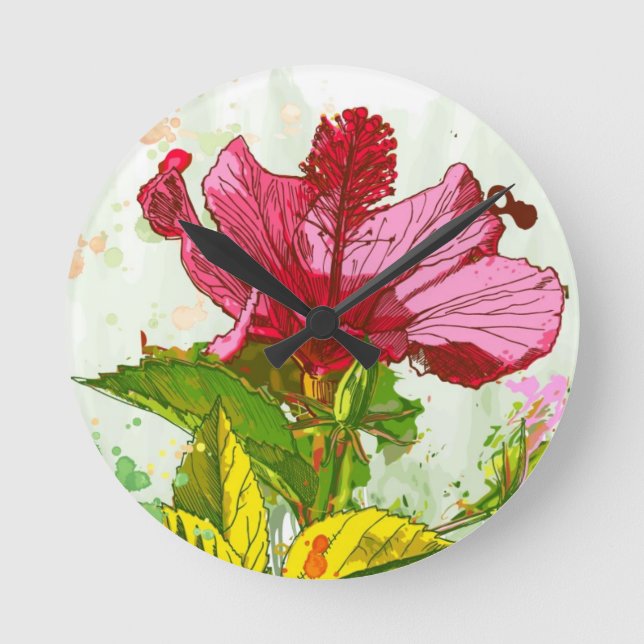 Hibiskusblomma - vattenfärgen målar rund klocka (Framsida)