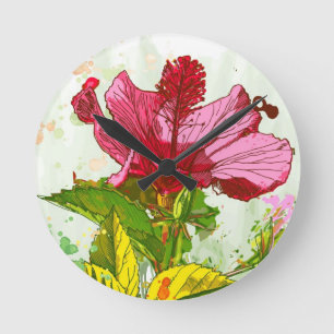 Hibiskusblomma - vattenfärgen målar rund klocka