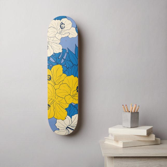 Hibiskusblommor och blad   mini skateboard bräda 18,5 cm (Väggkonst)