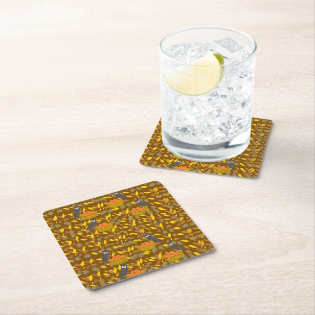 Hibou et Citrouilles d'Automne – Set de Table Underlägg Papper Kvadrat (Insitu)