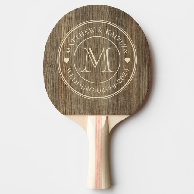 Hickory Trähjärtan för bröllopsmonogram Pingisracket (Framsidan)