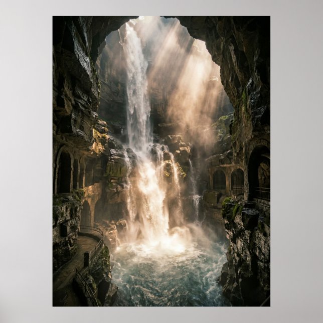 Hidden Cave Waterfall Sunlight Rays Poster (Framsidan)