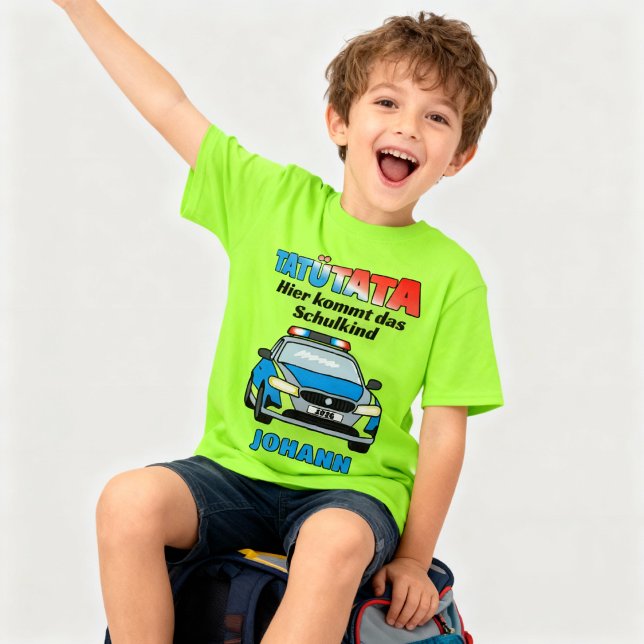 Hier kommt das Schulkind - Polizei Tatütata T Shirt (T-Shirt zum Schulanfang mit Polizeifahrzeug - Tatütata - Hier kommt das Schulkind "Name")