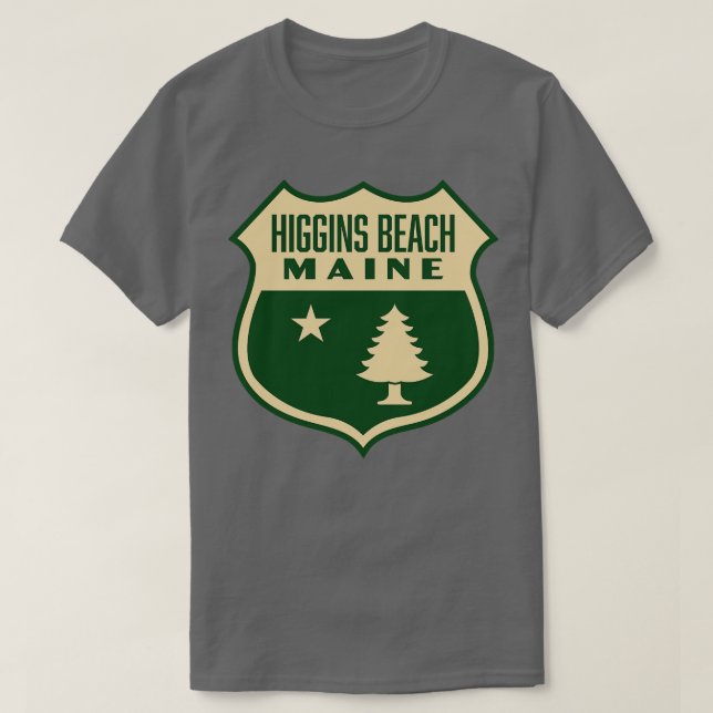 Higgins Beach Maine Retro Gräs Träd Shield Tan T Shirt (Design framsida)
