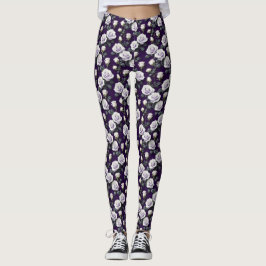 High Contrast White Roses On A Deep Royal Purple  Leggings