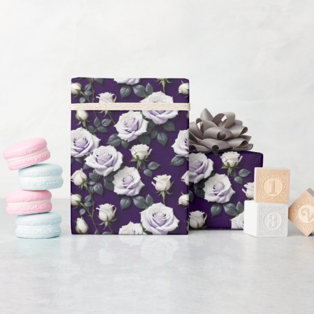 High Contrast White Roses On A Deep Royal Purple  Presentpapper (Baby Shower)