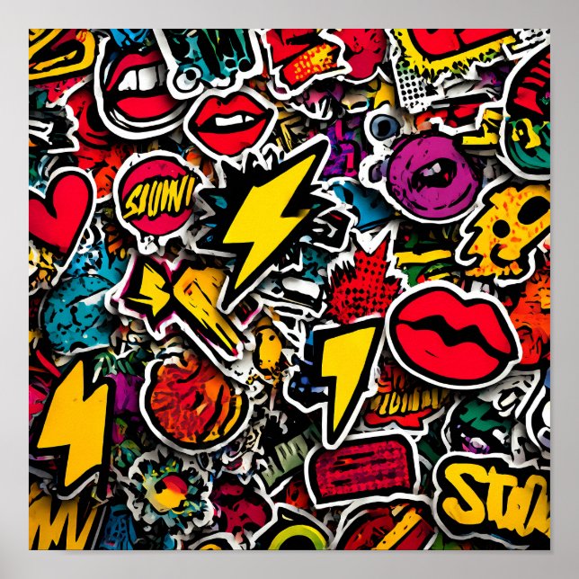 High-Energy Urban Decor: Seamless Retro Sticker Poster (Framsidan)