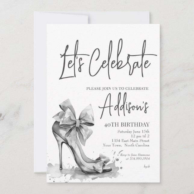 High Heel black bow 40th Birthday Party Invitation Inbjudningar (Framsida)