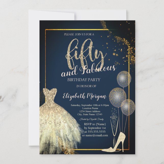 High Heels,Dress,Stars Navy Blue 50th Birthday  Inbjudningar (Framsida)