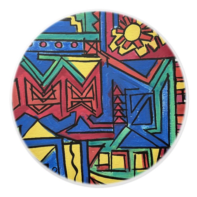 High Noon-Whimsical Hand Painted Modern Art Knopp (Framsidan)