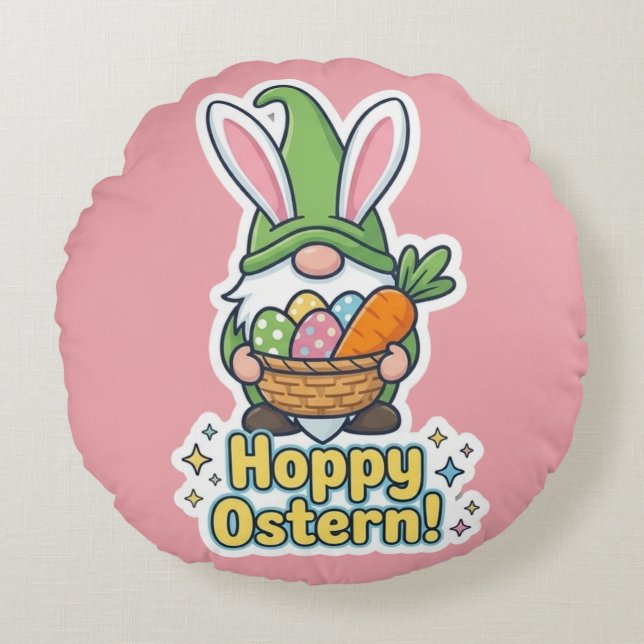 High-quality "Hoppy Easter" gnome illustration Rund Kudde (Framsidan)