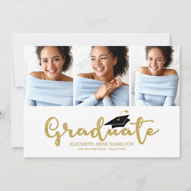 High School 3 Photo Guld Glitter Calligraphy Grad Meddelande (Framsida)