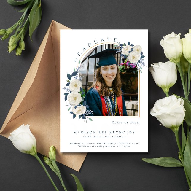 High School Blommigt Photo Studenten Meddelande (High School Floral Photo Graduation Invitation)