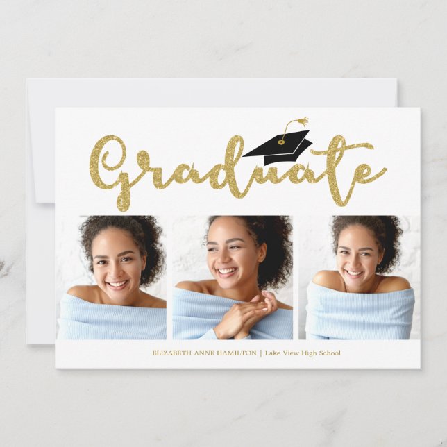 High School Grad 3 Photo Guld Glitter Calligraphy Meddelande (Framsida)