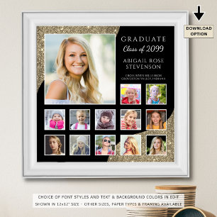 High School K-12 Photo Collage Black Guld Glitter Poster