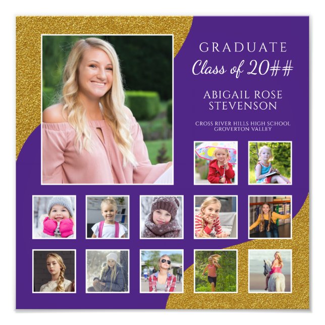 High School K-12 Photo Collage Lila och Guld Fototryck (Framsidan)