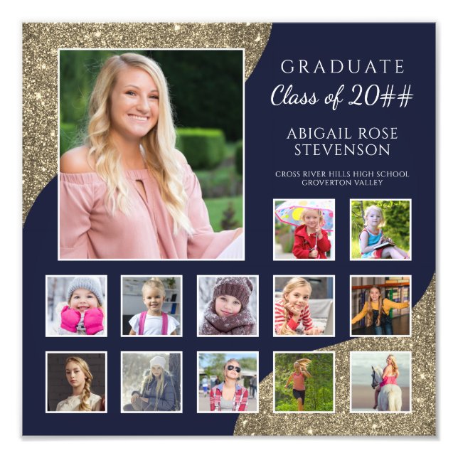 High School K-12 Photo Collage Navy Guld Glitter Fototryck (Framsidan)