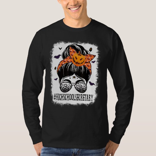 High School Secretary Messy Bun Spooky Bat Orange  T Shirt (Framsida)