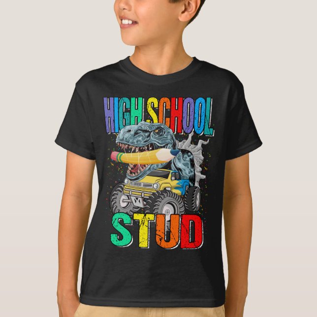 High School Stud Monster Lastbil Dinosaur T Shirt (Framsida)