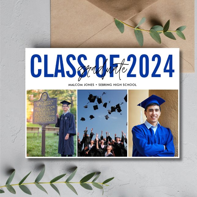 High School Studenten Blue Photo Collage Meddelande (High School Graduation Blue Photo Collage Announcement)