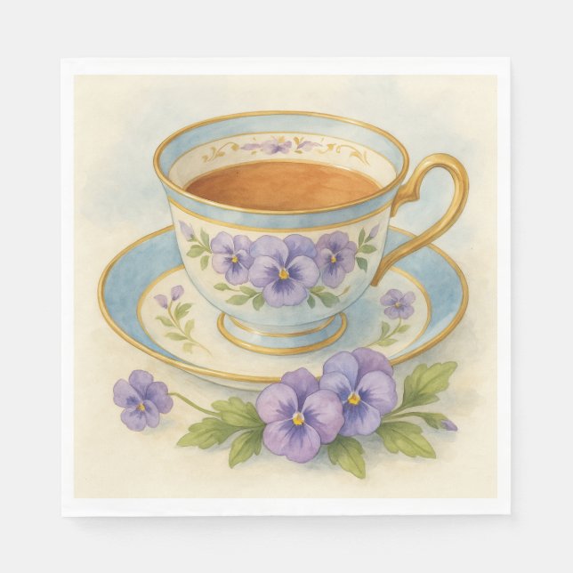 High Tea Napkins | Vintage Tea Cup & Pansies Pappersservett (Framsidan)