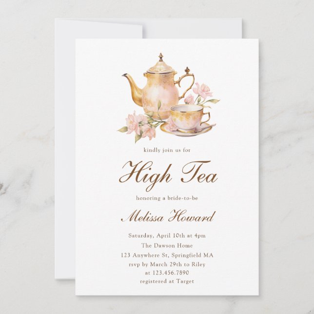 High Tea Pastel Gold Bridal Shower Inbjudningar (Framsida)