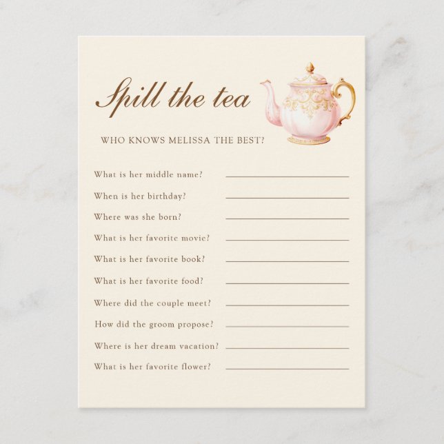 High Tea Pastel Yellow Bridal Shower Party Game Tilläggskort (Framsida)