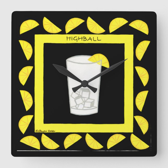 Highball Retro Drink Cocktail Gult Lemons Black Fyrkantig Klocka (Framsida)