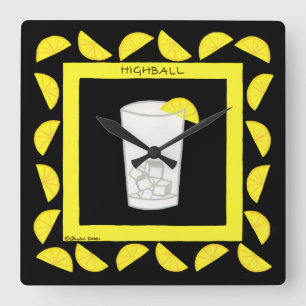 Highball Retro Drink Cocktail Gult Lemons Black Fyrkantig Klocka
