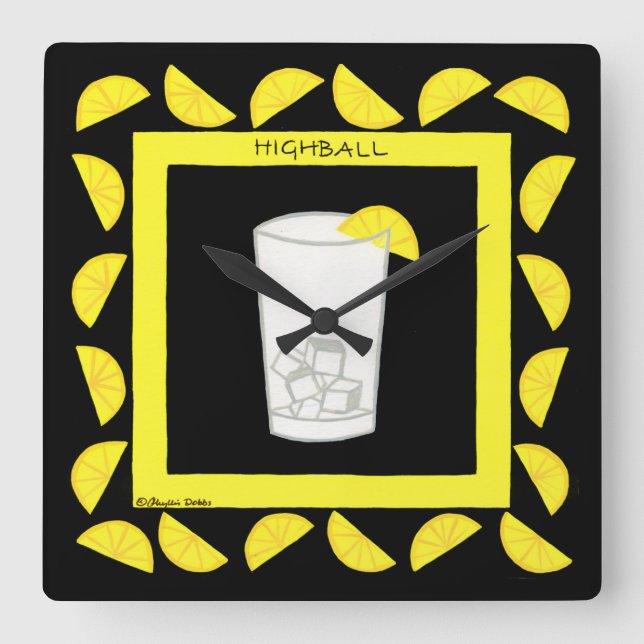 Highball Retro Drink Cocktail Gult Lemons Black Fyrkantig Klocka (Framsida)