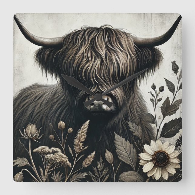Highland Bull med solros Fyrkantig Klocka (Framsida)