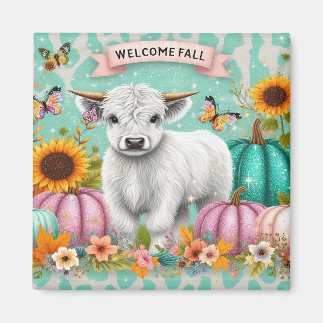 Highland Calf Amidst Autumn Pumpkins and Sunblommo Magnet (Framsidan)