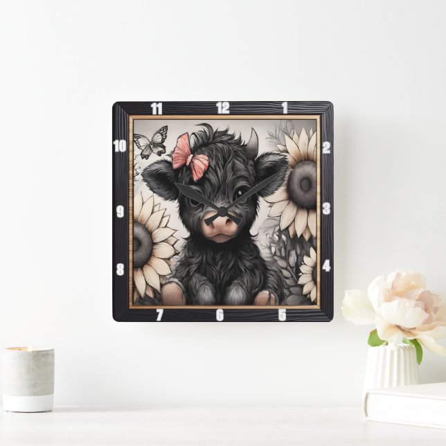 Highland Calf Sunblomma Bow Fyrkantig Klocka (Hem)