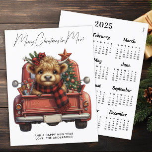 Highland Cow 2025 Calendar Red Lastbil jul Helg Vykort