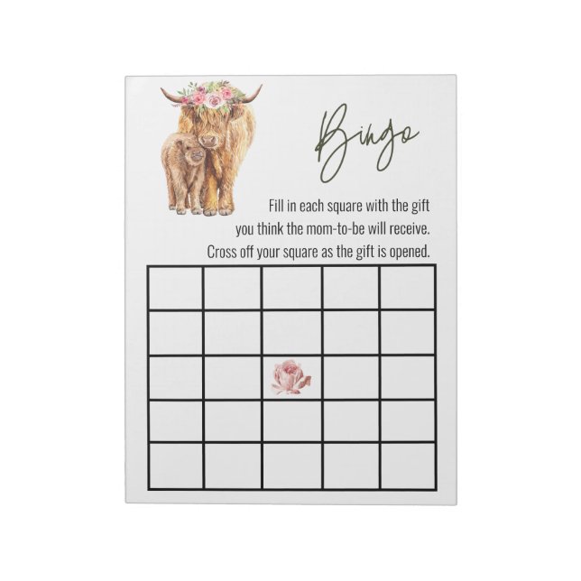  Highland Cow Baby Shower Bingo-spel  Anteckningsblock (Roterad)