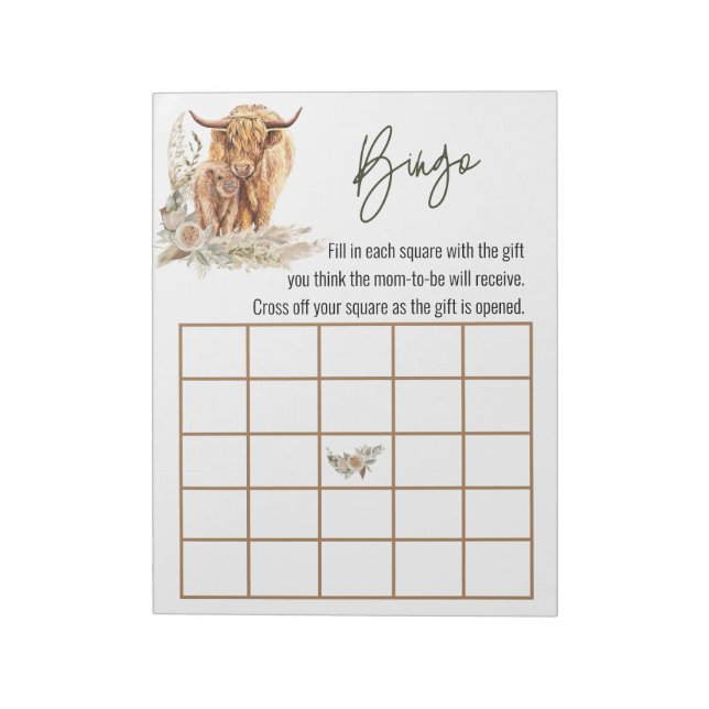 Highland Cow Baby Shower Bingo-spel Boho Anteckningsblock (Roterad)