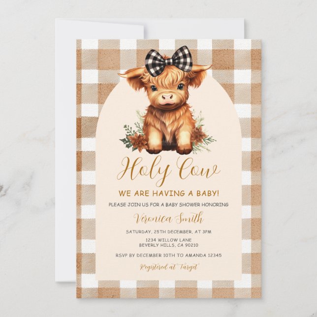Highland Cow Baby Shower with Bow Gingham Floral Inbjudningar (Framsida)