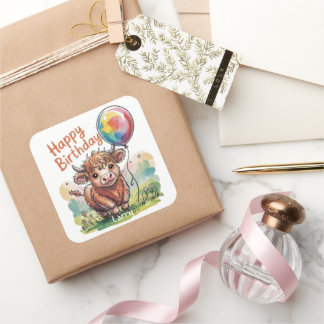 Highland Cow Birthday Fyrkantigt Klistermärke