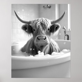 Highland Cow Black och White Bathroom Bild Poster