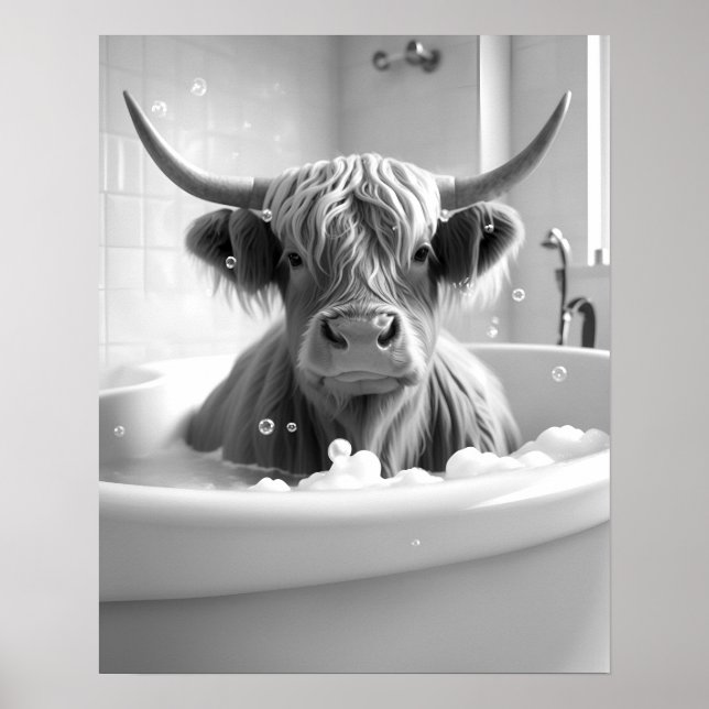 Highland Cow Black och White Bathroom Bild Poster (Framsidan)