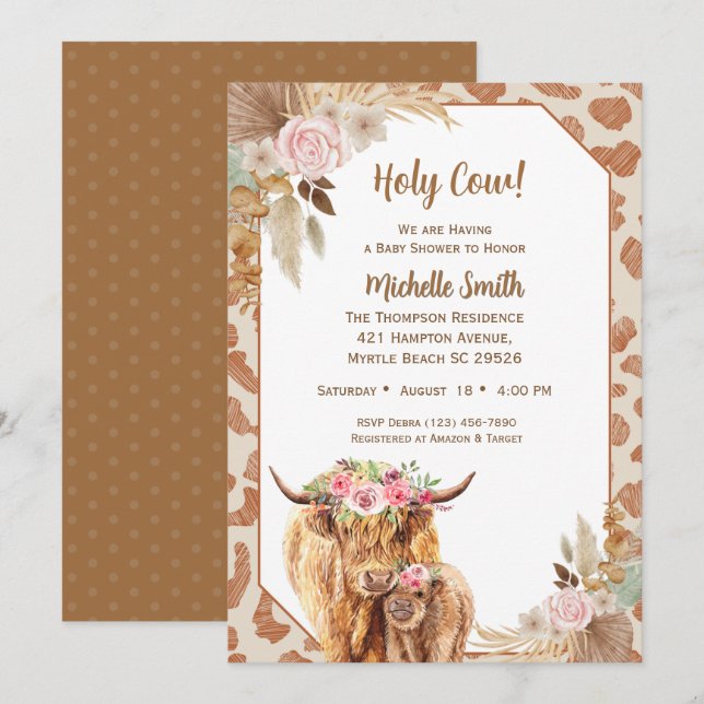 Highland Cow Boho Blommigt Brown Baby Shower Inbjudningar (Fram/baksida)