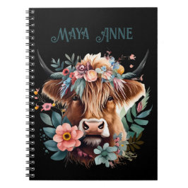 Highland Cow Boho Blommigt Watercolor Anteckningsbok