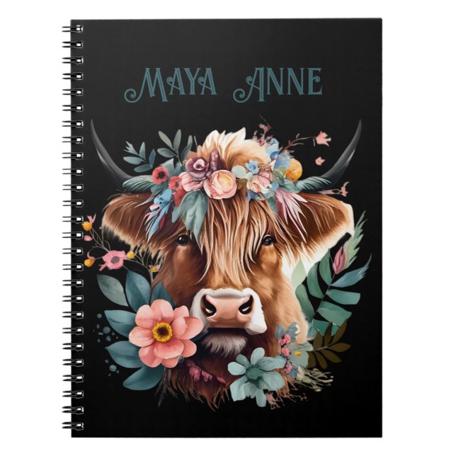 Highland Cow Boho Blommigt Watercolor Anteckningsbok (Framsidan)