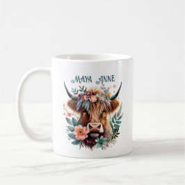 Highland Cow Boho Blommigt Watercolor Kaffemugg
