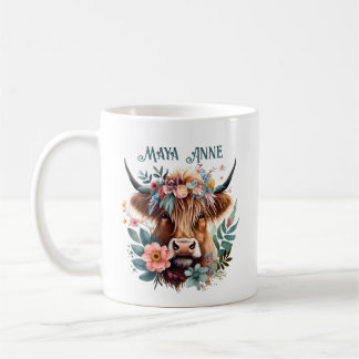 Highland Cow Boho Blommigt Watercolor Kaffemugg