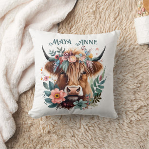 Highland Cow Boho Blommigt Watercolor Kudde