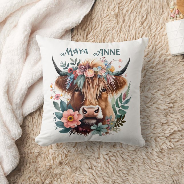 Highland Cow Boho Blommigt Watercolor Kudde (Filt)